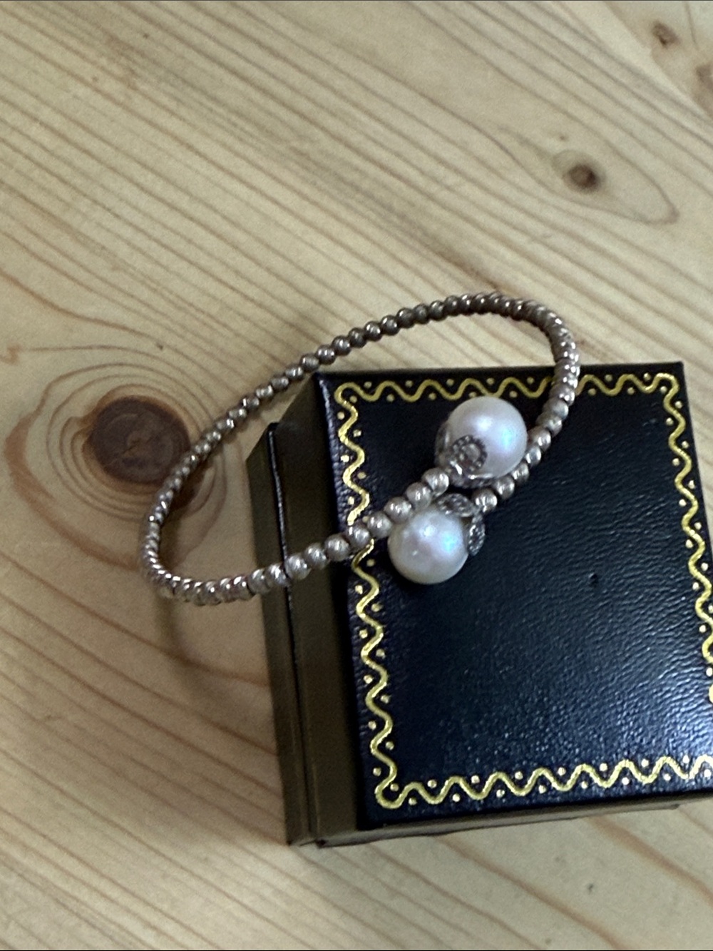 Pearl Accent Beaded Bangle Bracelet - Silver Tone sterling